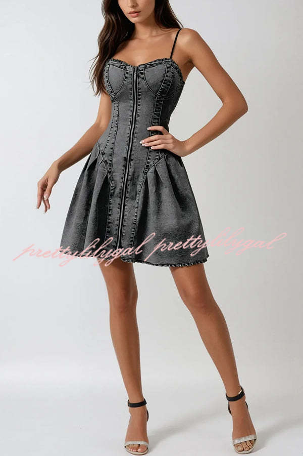 Fashionable Patchwork Suspender Zipper Slim Denim Mini Dress