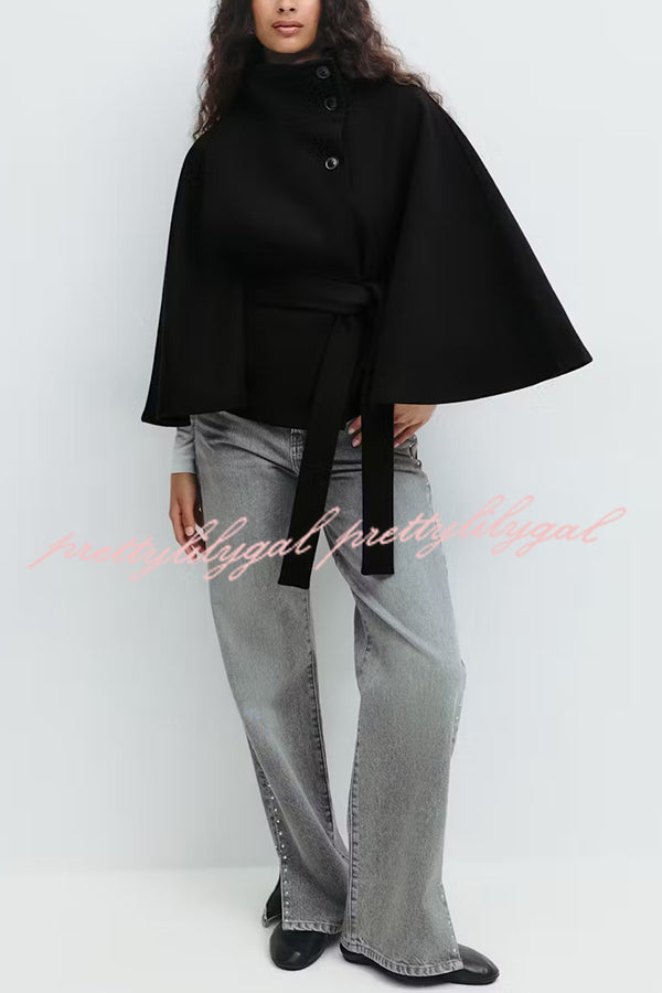 Fashionable Stand Collar Button Waist Tie Loose Cape