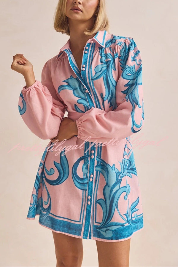 Botanical Print Lapel Puff Sleeve Vintage Belt Loose Mini Dress