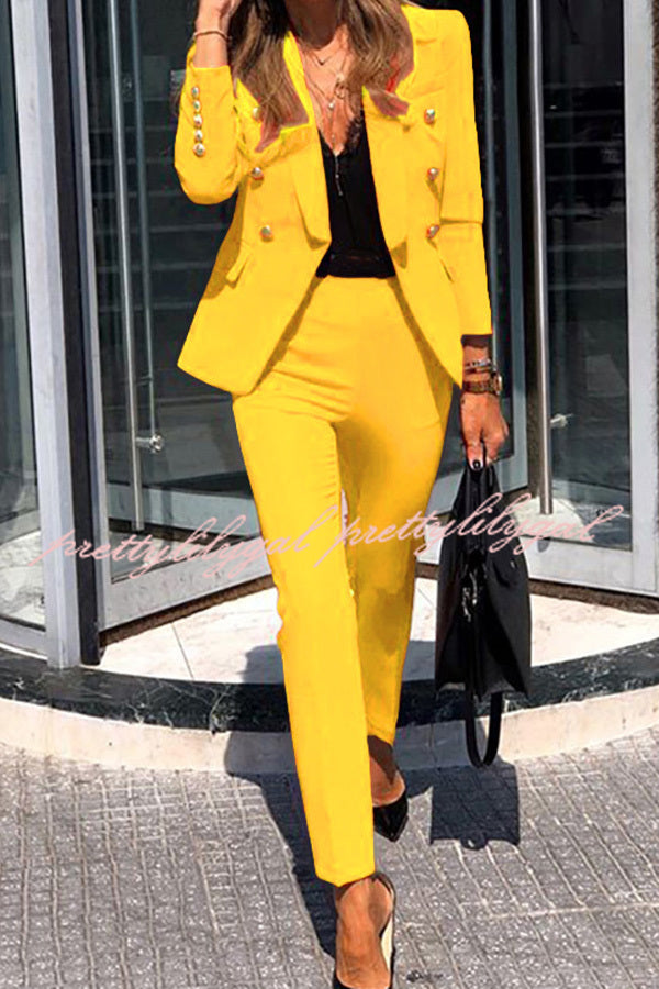 Time To Charm Lapel Button Pocket Long Sleeve Blazer Elastic Waist Pants Suit