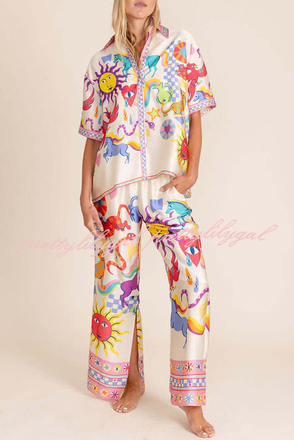 Colorful Vibes Satin Unique Print Short Sleeve Loose Shirt and Elastic Waist Pocket Slit Pants Set