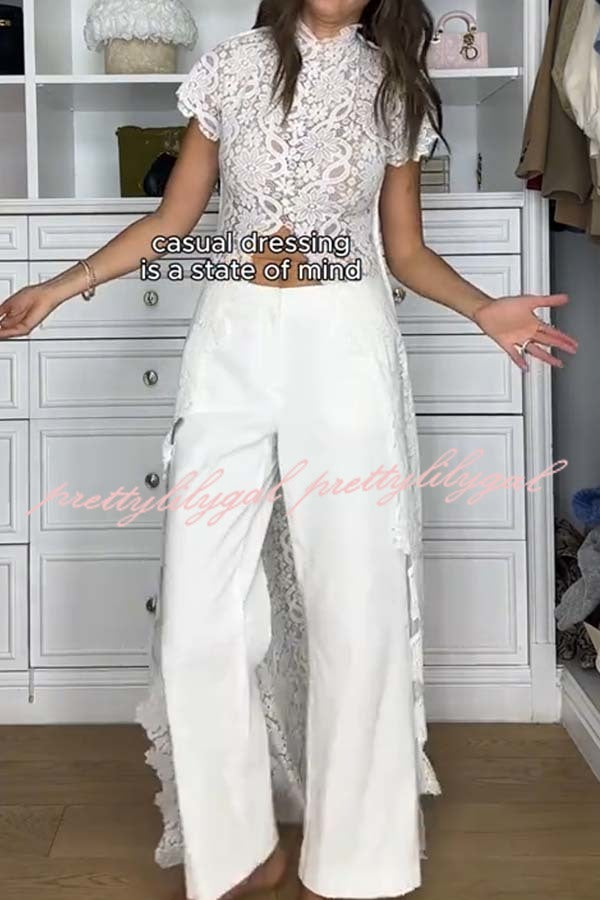 Elegant Personality Floral Lace Short Sleeve Front Slit Maxi Top