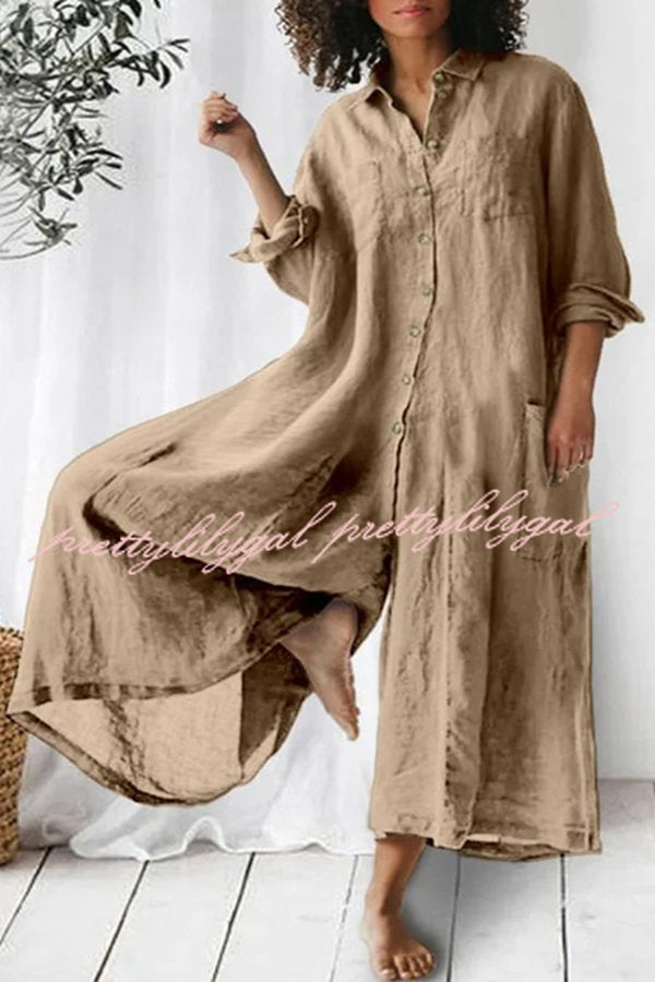 Amaris Cotton and Linen Blend Long Sleeve Loose Wide Leg Shirt Jumpsuit