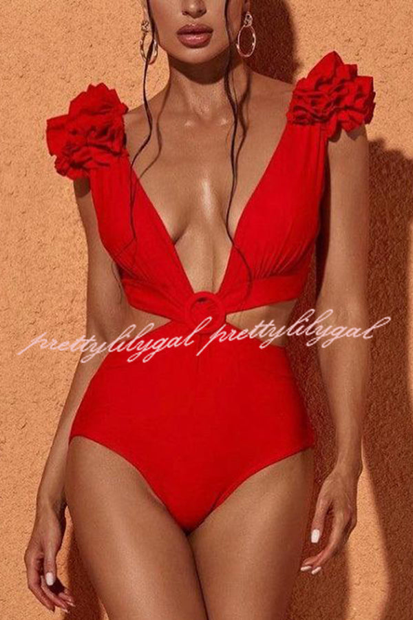 Ruffled V Neck Waist Cutout Solid Hoop Lace Up One Piece Swimsuit