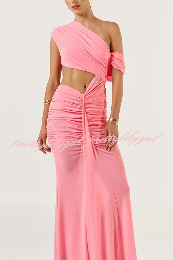 Ceilia Mesh Off Shoulder Cutout Waist Ruched Stretch Maxi Dress