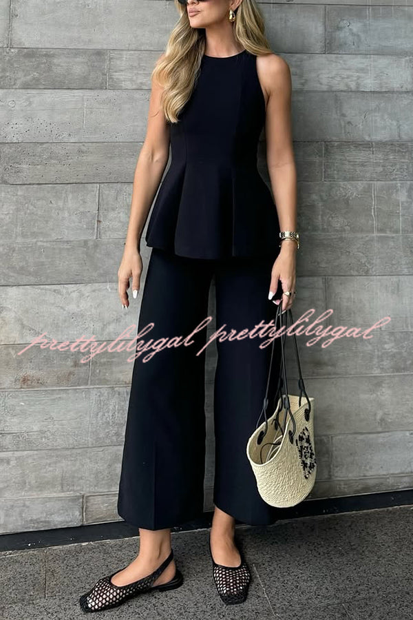 Solid Color Round Neck Sleeveless Casual Top and Loose Straight Pants Set