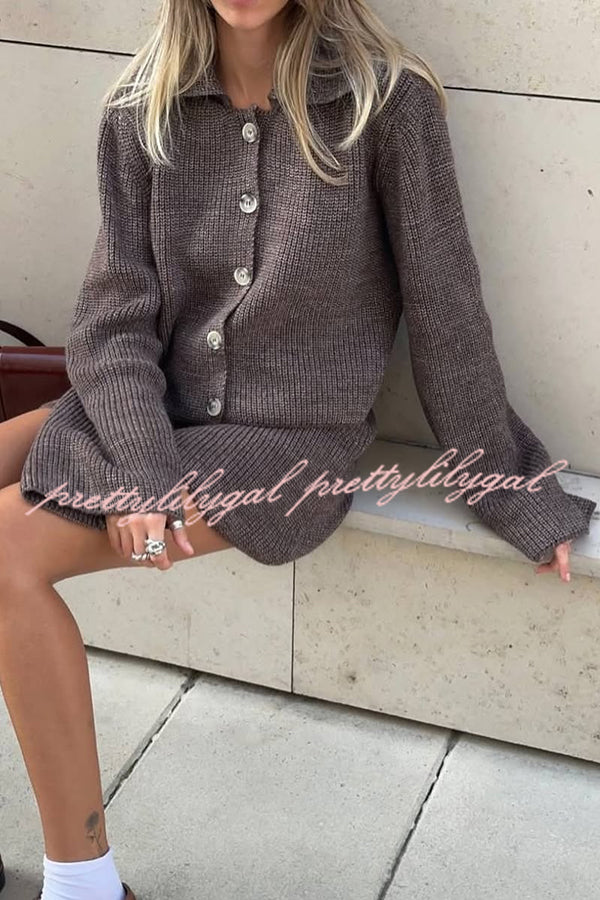 Fashion Lapel Bell Sleeve Knitted Cardigan and Casual Mini Skirt Set