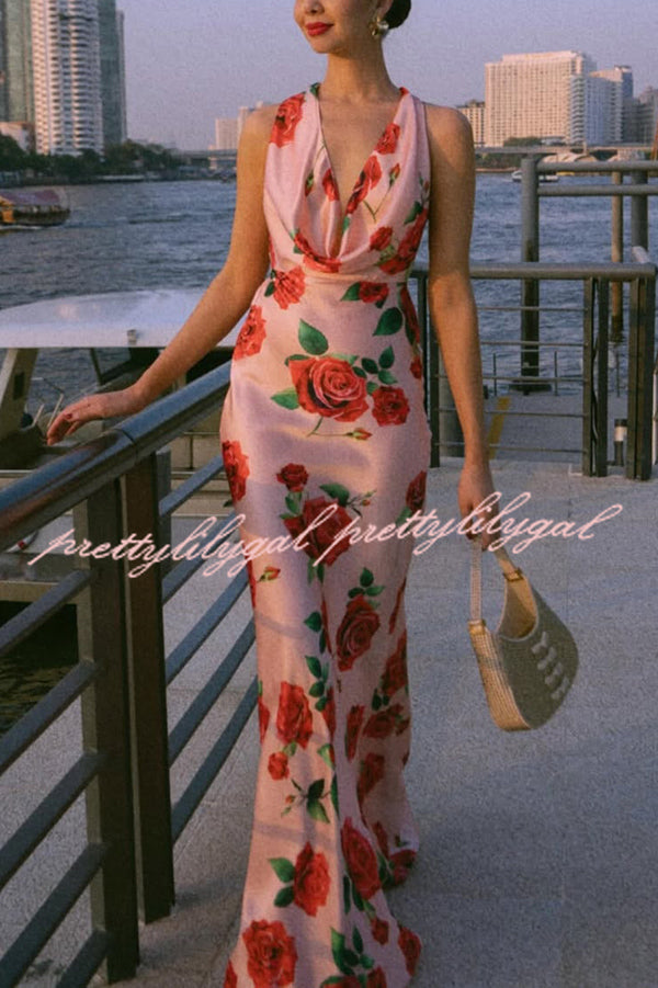 Rose Print Sexy Halter Neck Strappy Backless Slim Fit Maxi Dress