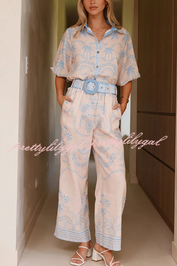 Linen Blend Lapel Puff Sleeve Loose Shirt and Casual Pocket Straight Pants Set