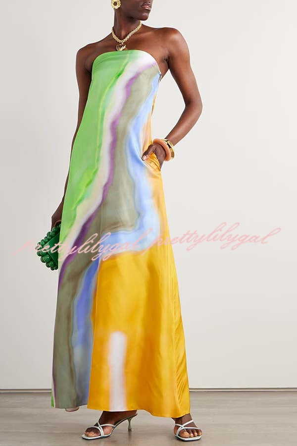 Artistic Rainbow Satin Watercolor Print Off Shoulder Pocketed H-line Maxi Dress