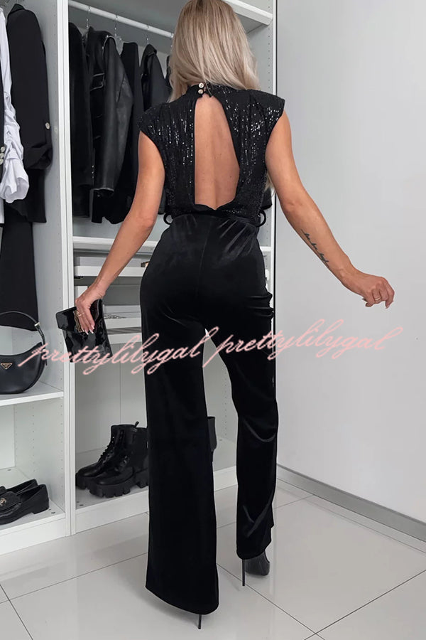 Perfect Party Style Sequin Velvet Patchwork Backless Flare Stretch Jumpsuit