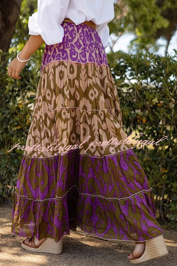 Resort Style Unique Print Elastic Waist Loose Stitching Maxi Skirt