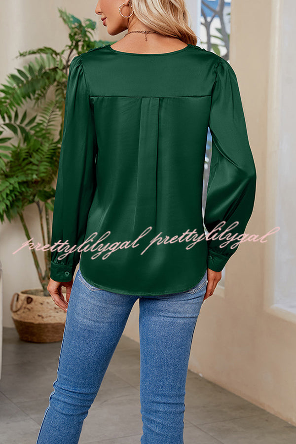 Satin Pleated V-neck Long-sleeved Loose Shirt