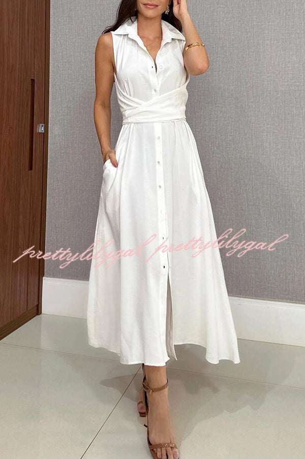 Solid Color Lapel Sleeveless Waisted Single-breasted Casual Midi Dress