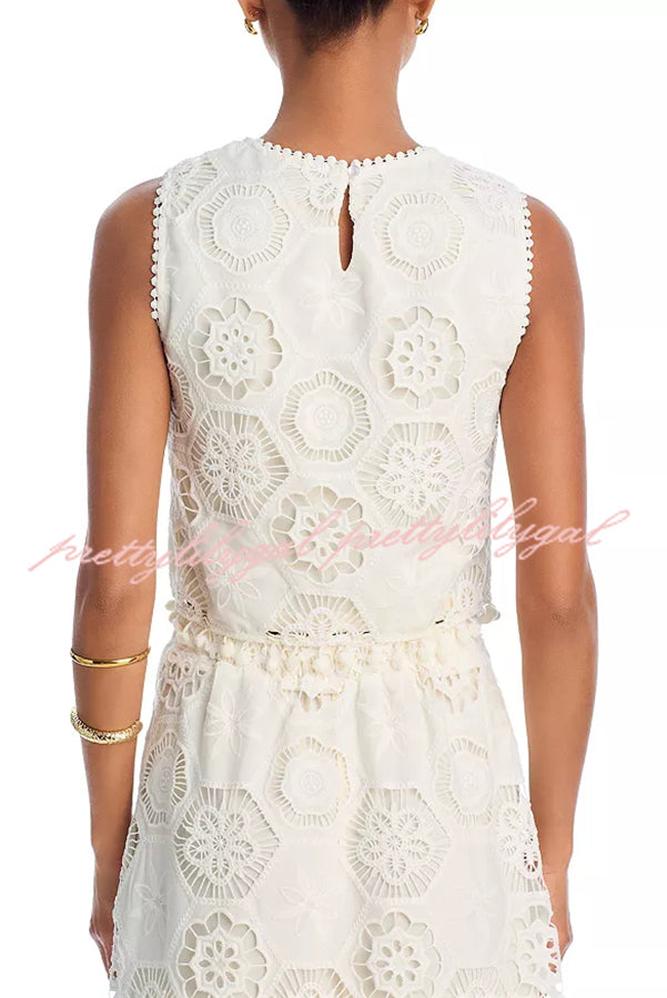 Nice Try Embroidered Crochet Lace Tassle Trim Crop Tank Top