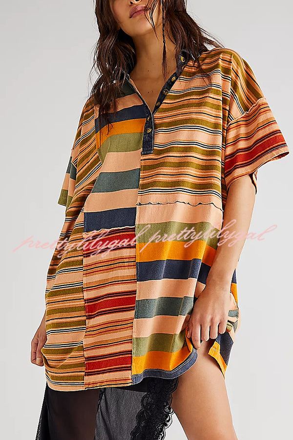 Contrast Striped Patchwork Denim Lapel Loose Casual Mini Dress