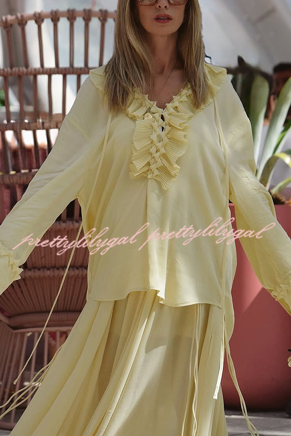 Solid Color Pleated Ruffled Tie Long Sleeve Loose Shirt