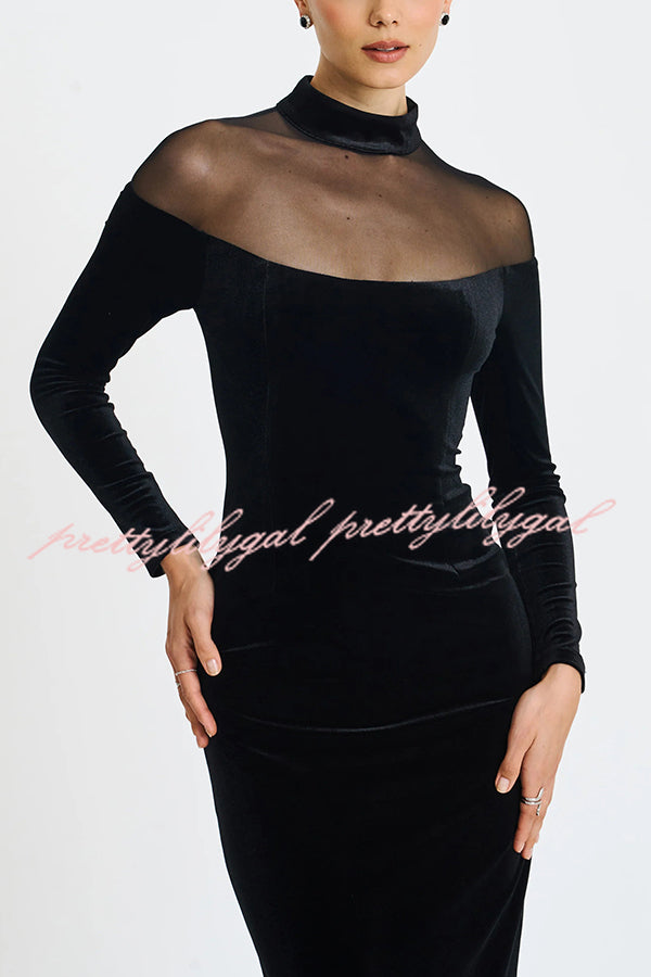 Fashionable Velvet and Mesh Spliced long-sleeved Slim-fit Maxi Dress