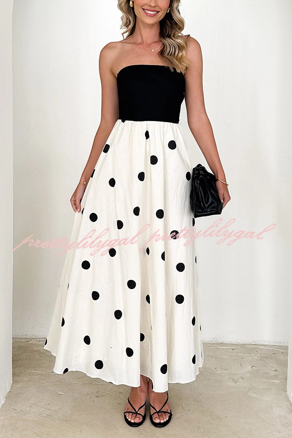 Polka Dot Print Off-shoulder Contrast Color Maxi Dress