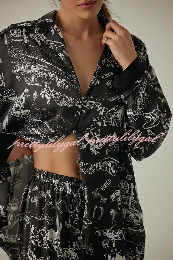 Unique Printed Lounge Long-sleeved Shirt and Elastic Waisted Baggy Pants Set