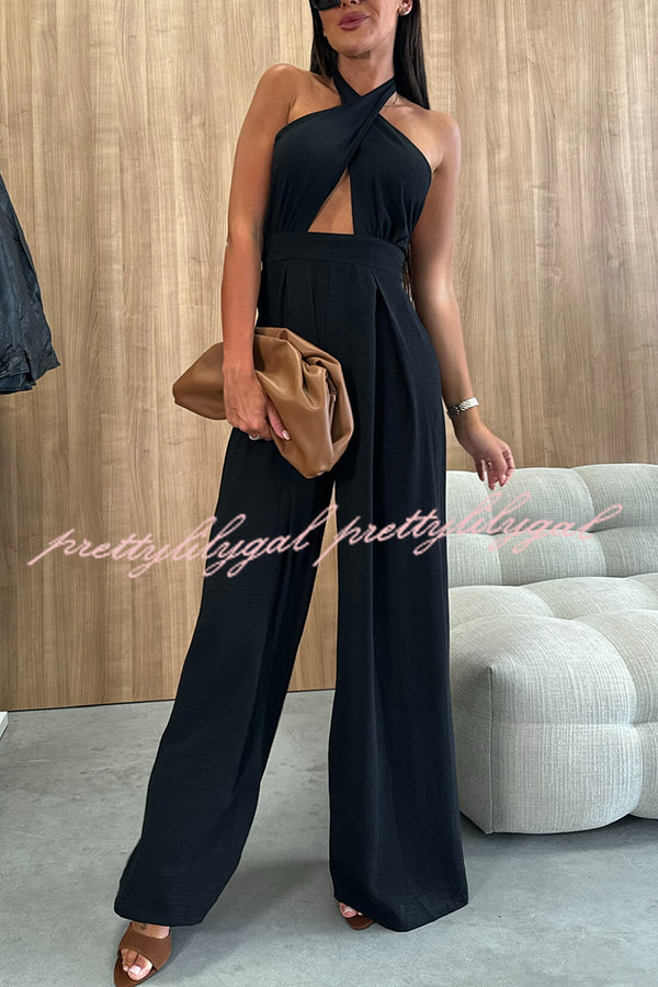 Easy Mode Cross-neck Halter Strap Backless Wide Leg Jumpsuit