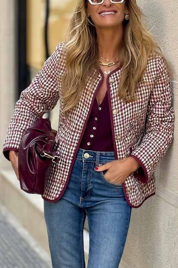 Warm Texture Plaid Button Quilted Pocket Loose Cotton Jacket