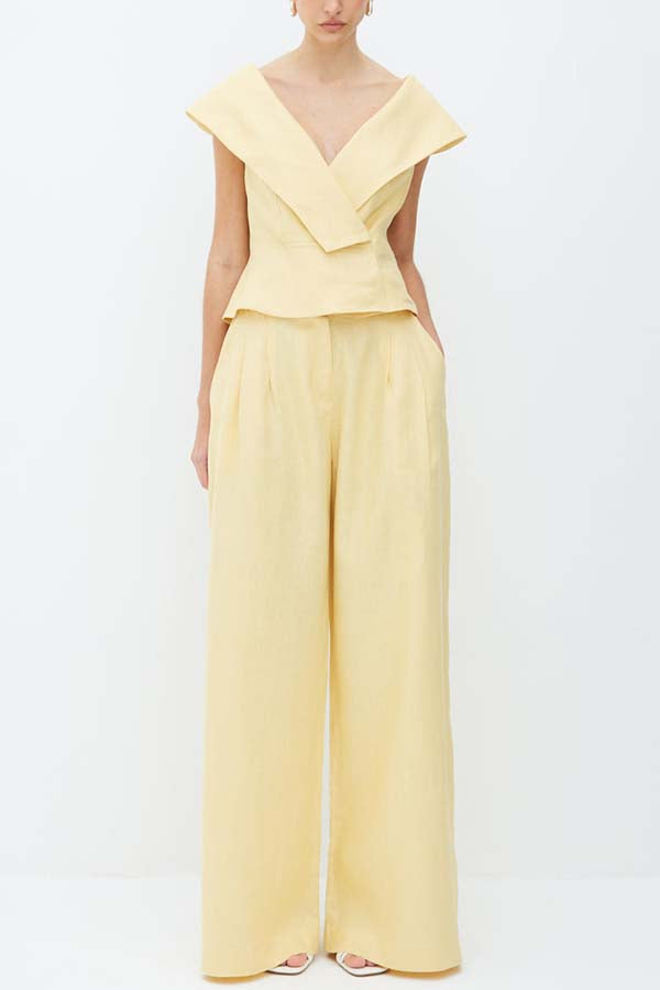 Velena Linen Blend Button Up Lapel Top and High Rise Pocket Wide Leg Pants Set