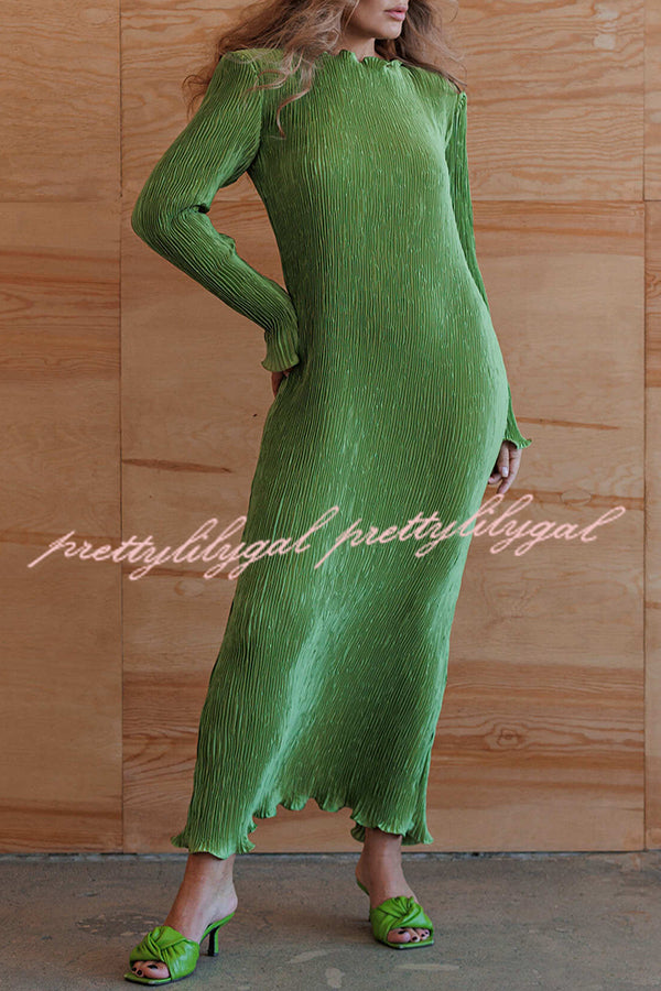 Hansin Satin Pleated Fabric Long Sleeve Wavy Trim H-line Slit Midi Dress