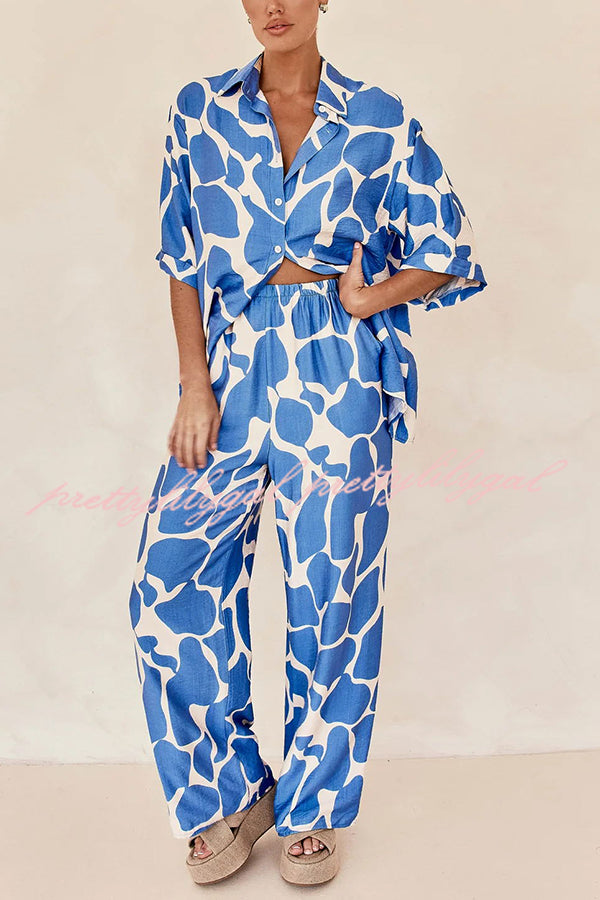 Lazy Beach Days Unique Print Short Sleeve Loose Shirt and Elastic Waist Pants Set