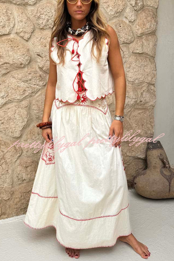 Sunny Day Linen Blend Contrast Embroidered Print Smocked Waist A-line Maxi Skirt