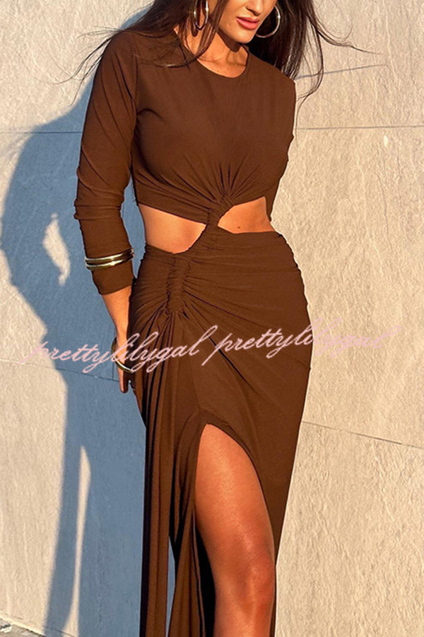 Solid Color Round Neck Long Sleeve Sexy Exposed Waist Slit Maxi Dress