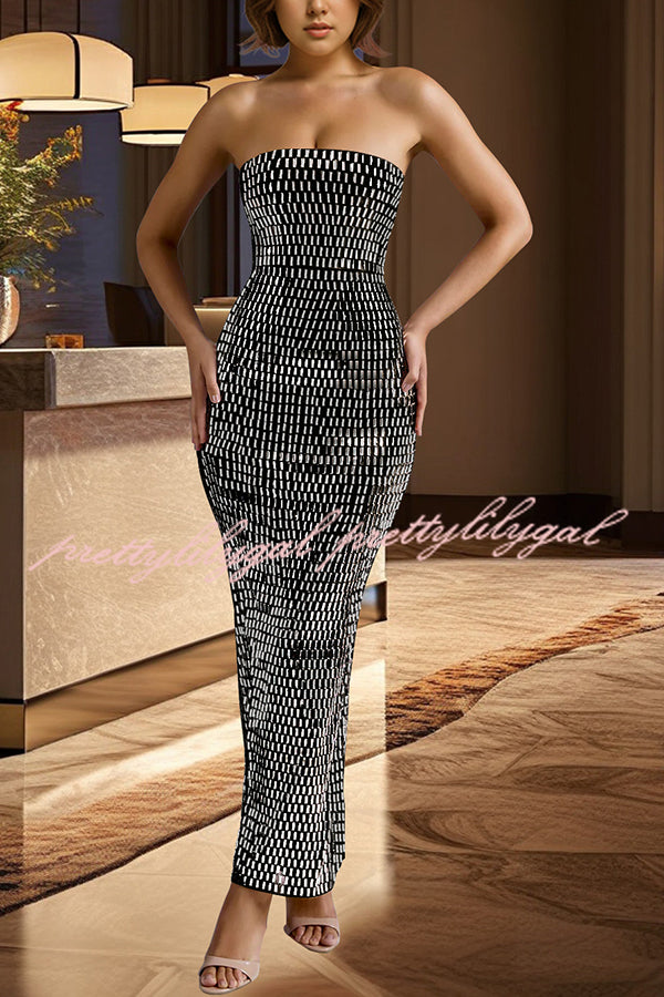 Flash Sculpture Rhinestone Embellished Bandeau Slit Stretch Maxi Dress