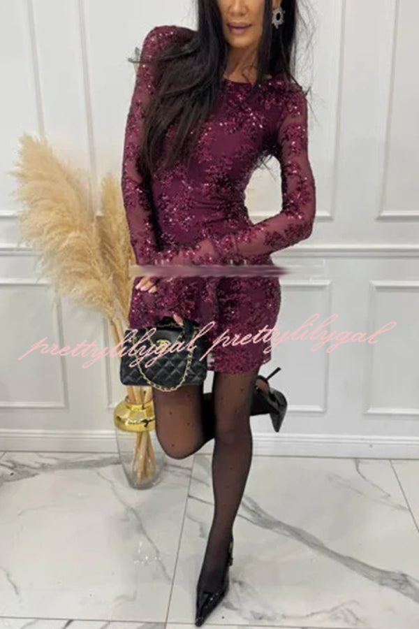 Deep and Dazzling Floral Texture Sequin Long Bell Sleeve Open Back Mini Dress