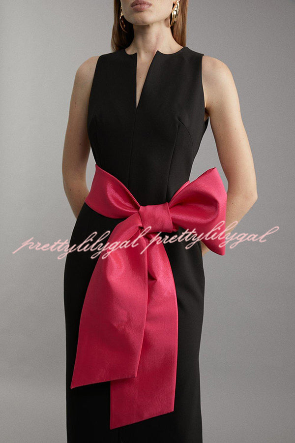 Clean Tailored Taffeta Contrast Oversized Bow Tie Waist Midi Dress