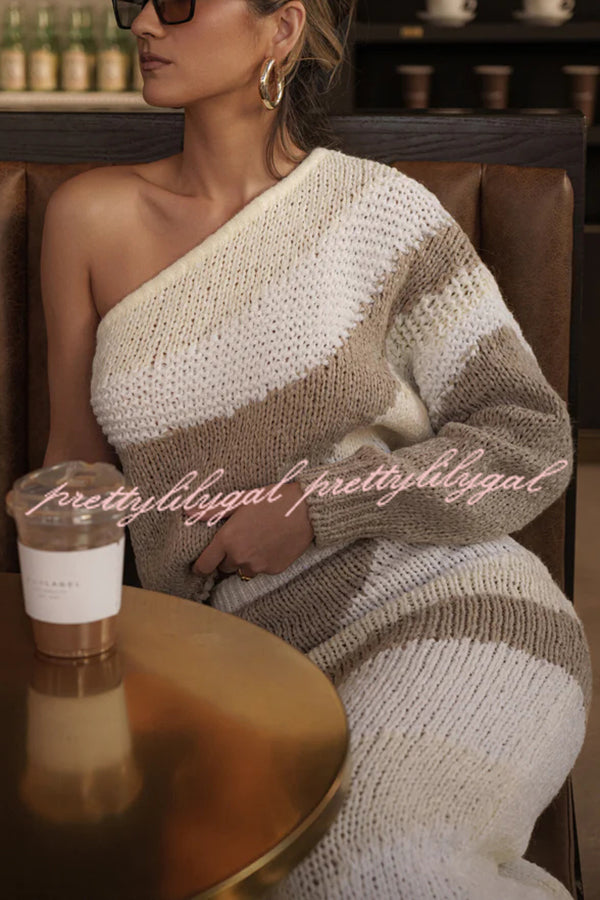 Soft Autumn Knit Colorblock One Shoulder Sleeve Ribbed Trim Loose Sweater