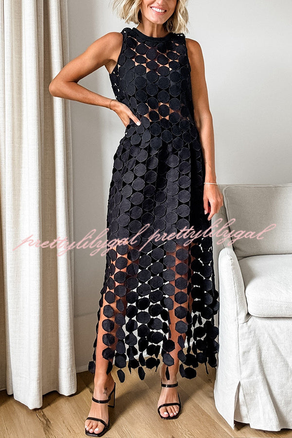 Casie See Through Circle Embroidery Elastic Waist Tassle Hem Maxi Skirt