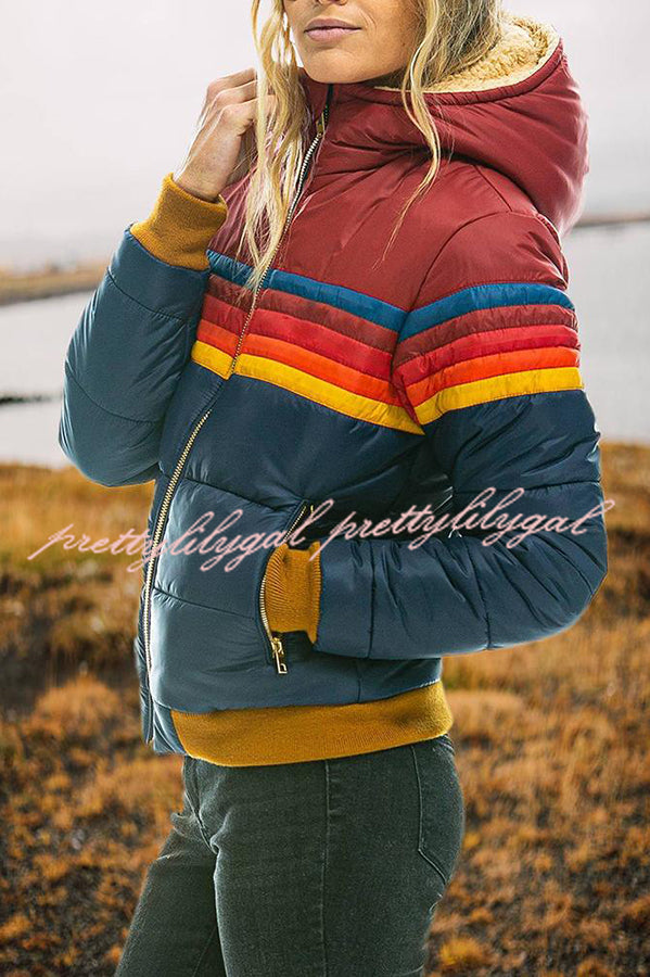 Winter Casual Patchwork Zippered Hooded Pocket Long Sleeved Coat