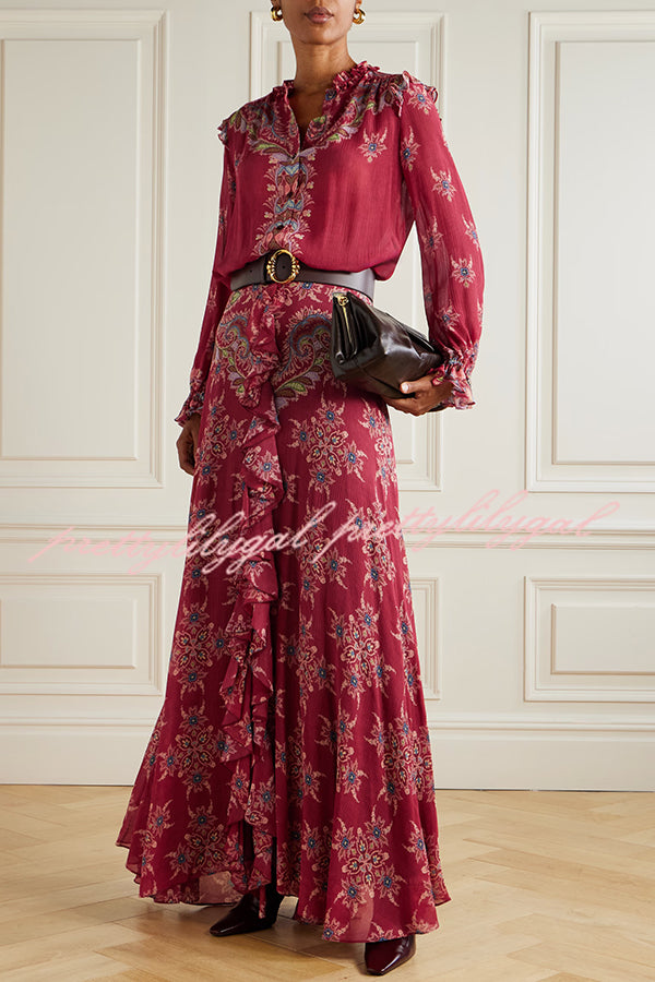 Unique Printed Chiffon Long-sleeved Loose Shirt and Elegant Ruffled Maxi Skirt Set