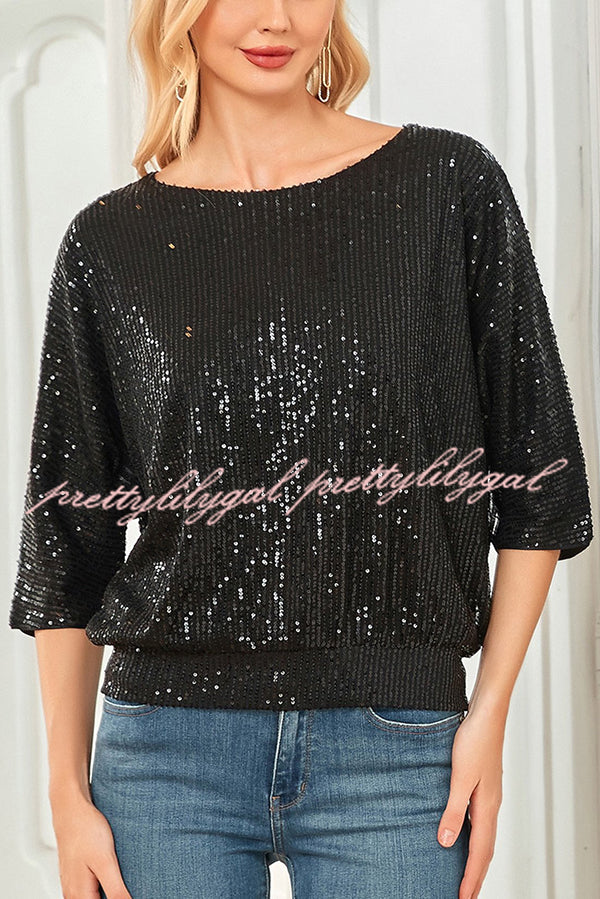 Solid Color Sequined Loose Round Neck Casual Top