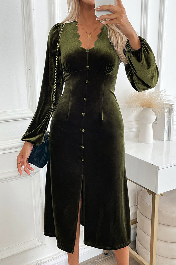 Vintage Velvet Wavy Edge V-neck Long-sleeved Elegant Midi Dress