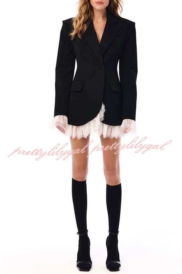 Cue The Chic Lace Trim Button Long Sleeve Lapel Blazer Mini Dress