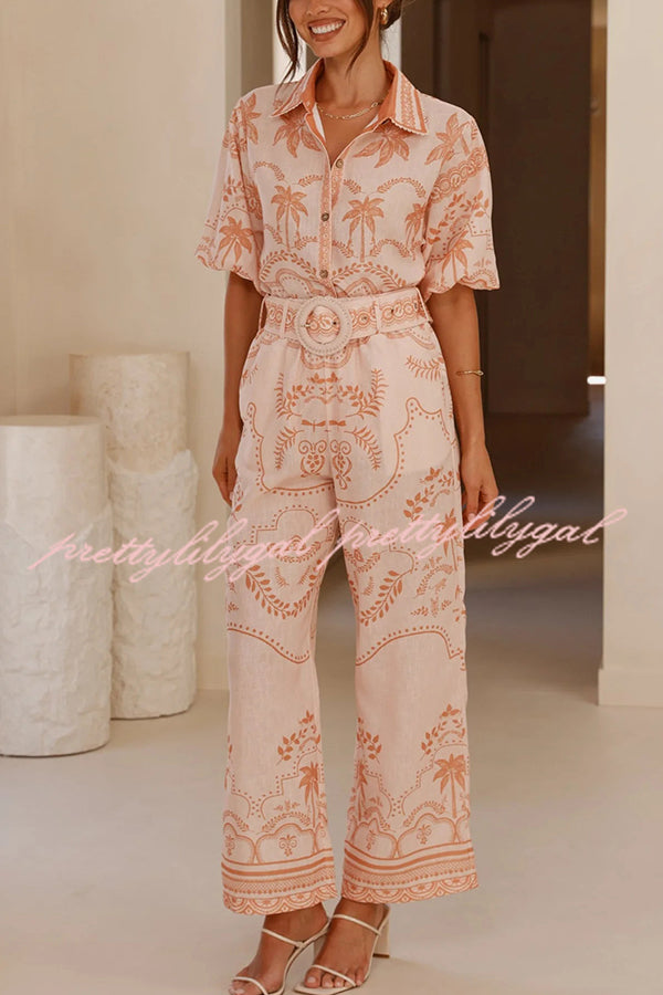 Linen Blend Lapel Puff Sleeve Loose Shirt and Casual Pocket Straight Pants Set