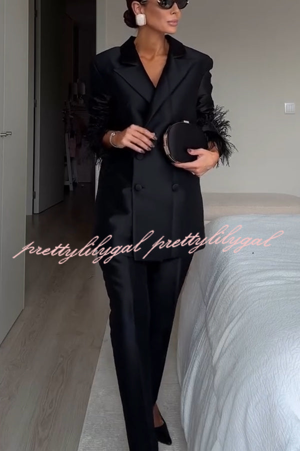 Chic Affair Satin Feather Trim Lapel Loose Blazer and High Rise Pocket Tapered Pants Set