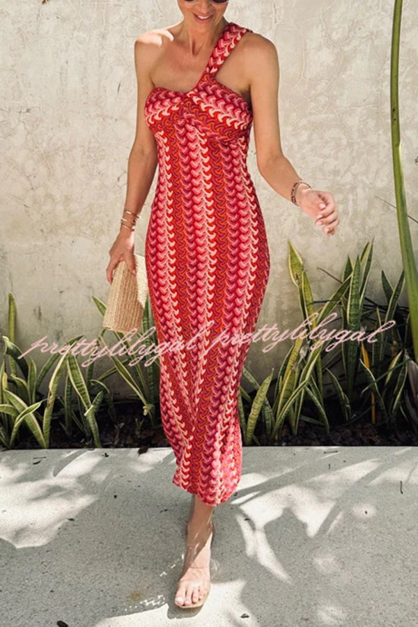 Colorful Zigzag Pattern Lace One-shoulder Slim Vacation Midi Dress