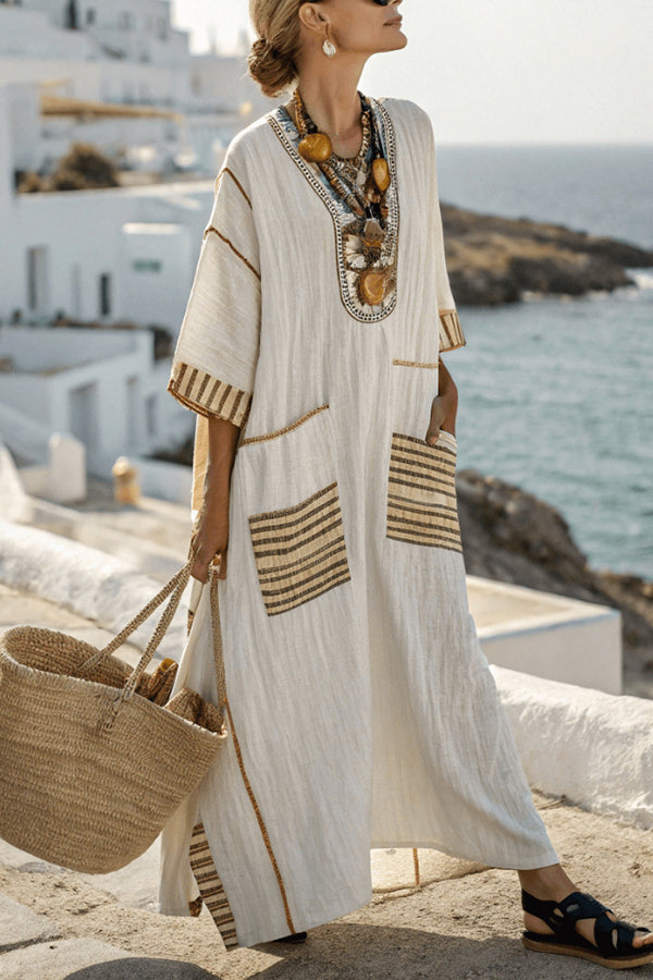 Striped Print V-Neck Casual Loose Pocket Maxi Dress