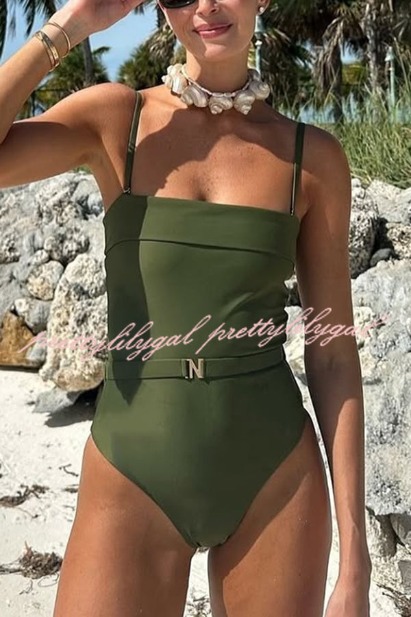 Solid Color Suspender Buckle Waist Elastic Swimsuit