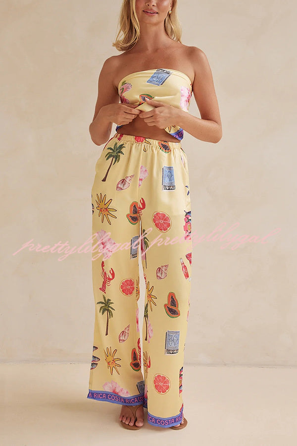 Linen Blend Unique Printed Bandeau Top and Elastic Waist Pocket Pants Set