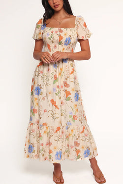 Dreamy Floral Print Square Neck Puff Sleeve Smocked Maxi Dress