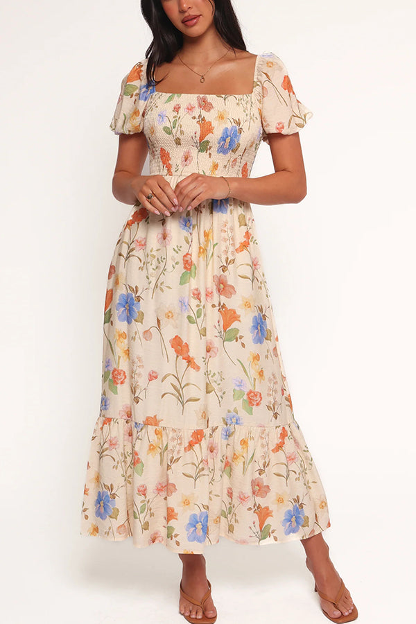 Dreamy Floral Print Square Neck Puff Sleeve Smocked Maxi Dress
