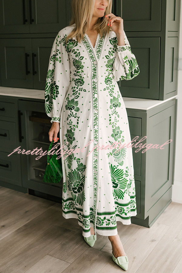 Forest Soul Unique Print Button Down Long Sleeve Shirt Maxi Dress